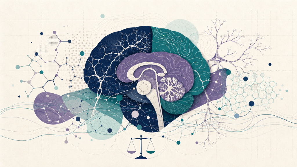 Abstract editorial illustration of neural networks, research evidence and balanced safeguards